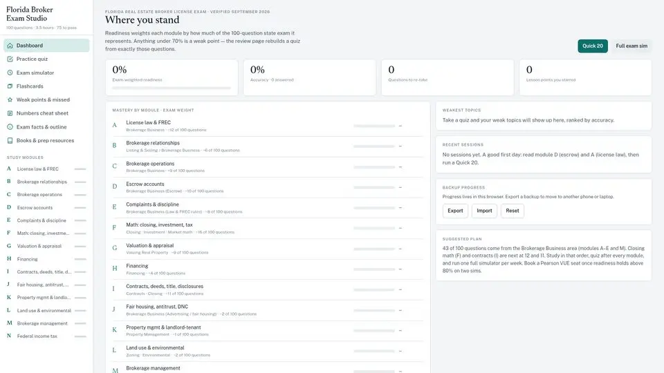 Broker Exam Studio home page