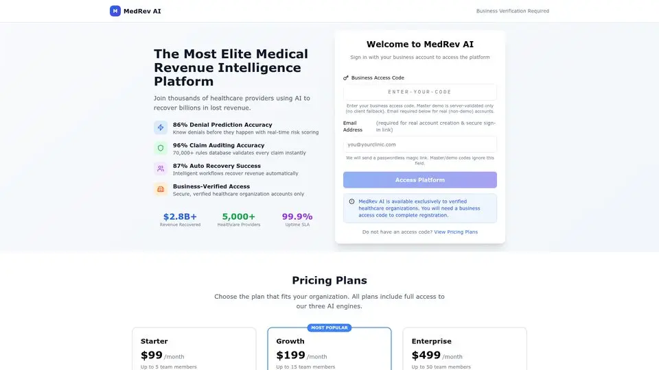 MedRev AI home page